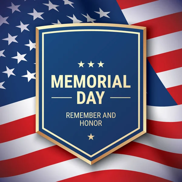 Anma Günü kartpostal vektör tasarımı, selamlama metni ve kalkanı sallanan ABD bayrağı arka planında