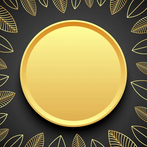 Golden plate with leaves on dark gray background. Floral greeting card or social post vector design. — Stok Vektör