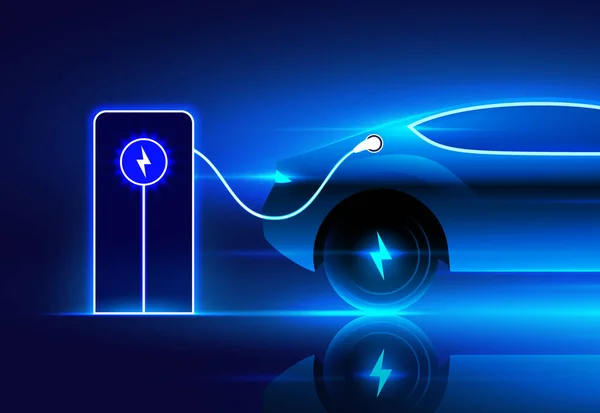 Laden von Elektroautos an der Station, Vektorillustration. Blaues glühendes Elektroauto füllt eine Batterie auf. — Stockvektor