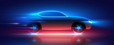 Fast moving car with blue and red glowing neon lights running at high speed, vector illustration