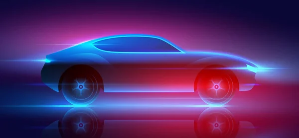 Fast moving car with blue and red glowing neon lights running at high speed, vector illustration — Archivo Imágenes Vectoriales