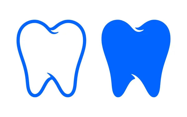 Esquema de dientes humanos y silueta azul icono vector conjunto. Logotipo médico dental aislado — Archivo Imágenes Vectoriales