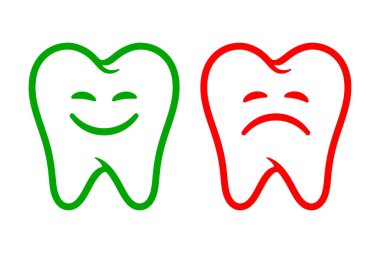 Mutlu ve üzgün dişler komik tıbbi logo. Gülümseyen ve kızgın diş vektörü simgesi ayarlandı