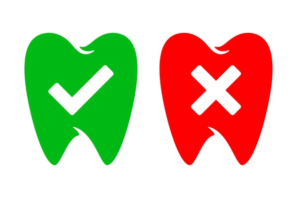 Sano y dañado diente humano icono conjunto de vectores. Logo médico de marca de verificación verde y roja aislado — Archivo Imágenes Vectoriales
