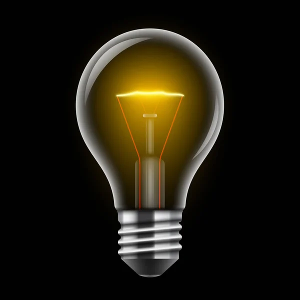 Incandescent light bulb on a black background. Glowing lightbulb realistic vector illustration — Stock Vector