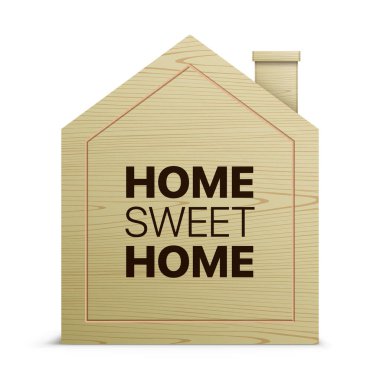 Baca ile ahşap ev figürü ve beyaz arka planda izole Home Sweet Home metin. Ahşap kulübe ev dekorasyonu nesnesi, vektör illüstrasyonu.