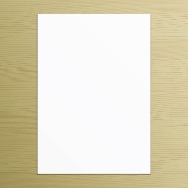 Ahşap bir arka planda duran beyaz kağıt. Sanat, resim veya metin yerleştirme için vektör posteri.
