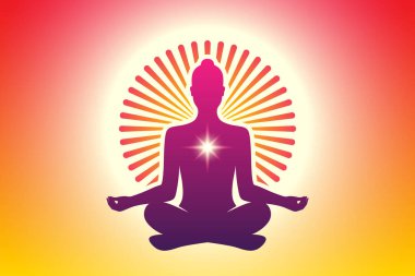 Nilüfer çiçekli yoga kadını portakal rengi arka planda yuvarlak bir güneş halesi ile meditasyon yapıyor. Meditasyon, manevi, rahatlama vektörü arkaplanı.