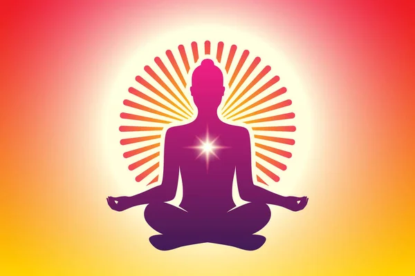 Meditera Yoga Kvinna Lotus Pose Med Rund Prydnadssol Gloria Orange — Stock vektor