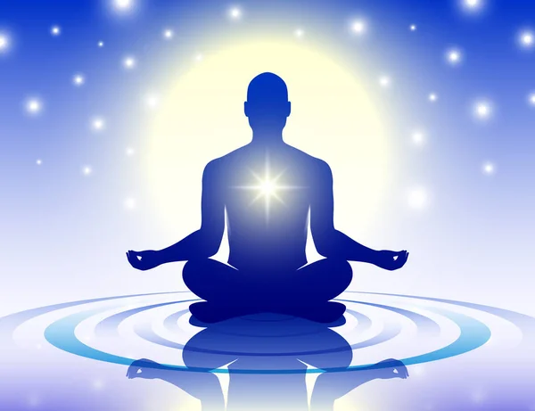 Meditierender Mann Der Friedlich Lotusstellung Auf Dem Wasser Sitzt Vor — Stockvektor