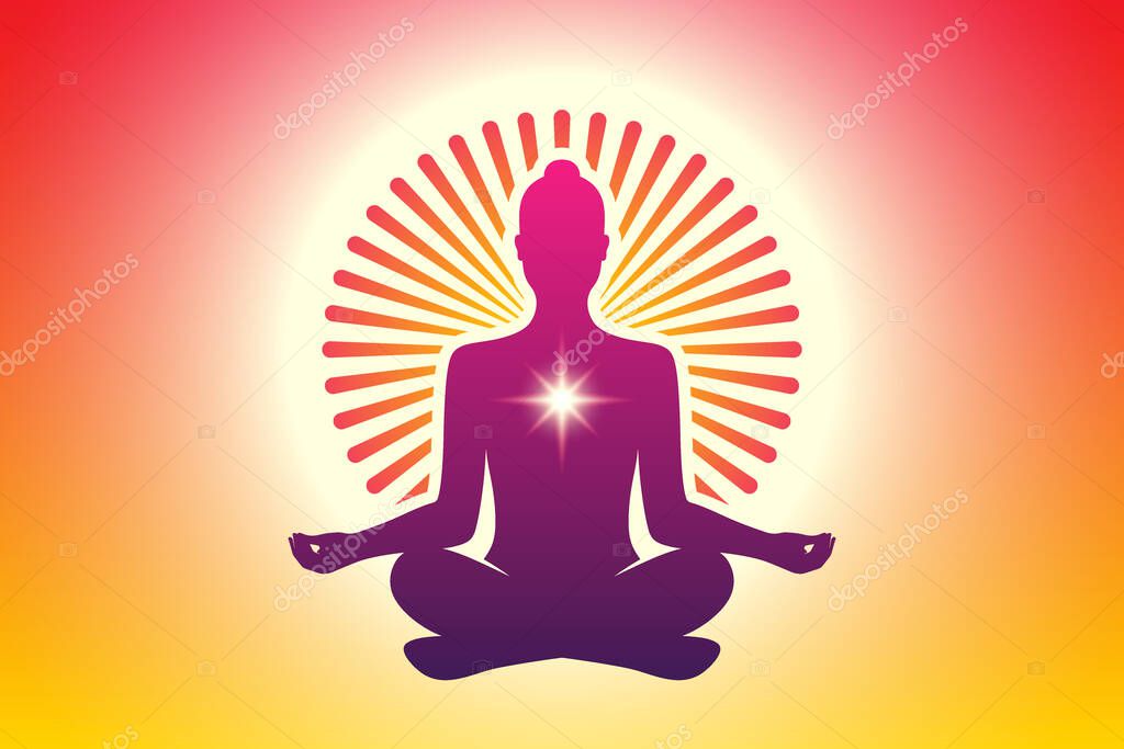 Meditating yoga woman in a lotus pose with a round ornamental sun halo on an orange sky background. Meditation, spiritual, relaxation vector background.