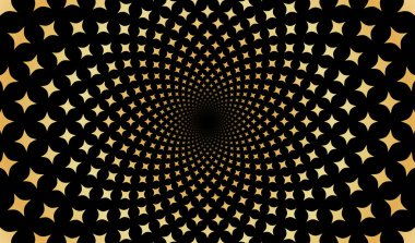 Siyah zemin üzerinde hareket eden mozaik altın yıldızlı fraktal spiral geometrik arkaplan.
