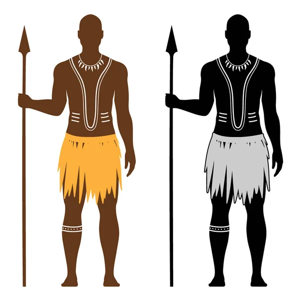 带着长矛 身穿民族服装 与白人背景隔离的具有传统身体艺术的非洲黑人土著战士的病媒群 — 图库矢量图片