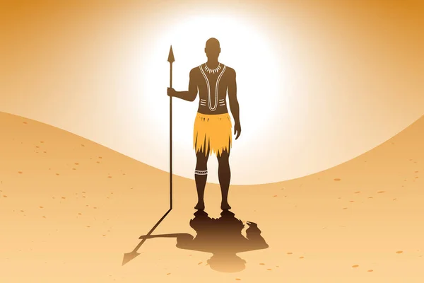 伝統的なボディアートと民族衣装を持つアフリカの原住民の男は 砂の風景の背景に立って 槍を保持しながら マサイ族戦士ベクトル図 — ストックベクタ