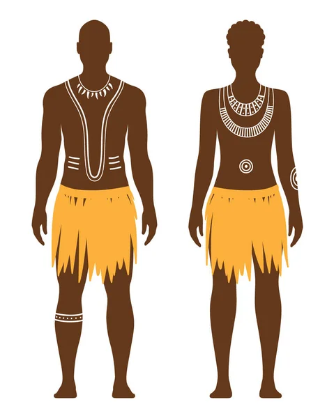 Homem Mulher Aborígenes Com Arte Corporal Tradicional Vestidos Étnicos Isolados —  Vetores de Stock