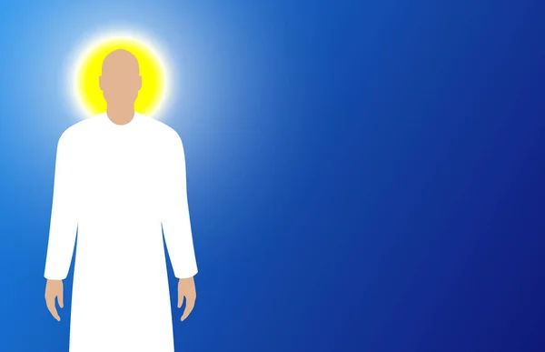 白い聖人男とともに丸みを帯びた黄色のハロー立っている青い水平線の背景とともにコピースペース ベクトルイラスト — ストックベクタ
