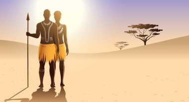 Geleneksel vücut sanatı ve etnik elbisesi olan Afrikalı bir adam ve kadın güneşli kumlu bir arka planda durup mızrak tutuyorlar. Massai kabilesi çift vektör illüstrasyonu.