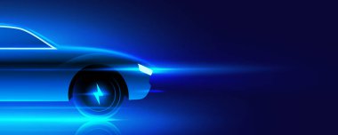 Hızlı elektrikli araba konsepti vektör çizimi. Koyu mavi arka planda mavi neon renkli EV aracın ön tarafı. Tekerlekte voltaj sembolü olan gelecekçi spor araba tasarımı.