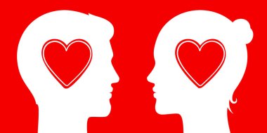Romantik aşk çifti duygusal bağ, konsept vektör çizimi. Kalp ikonlu kadın ve erkek aşıklar kırmızı arka planda birbirlerine bakıyorlar..