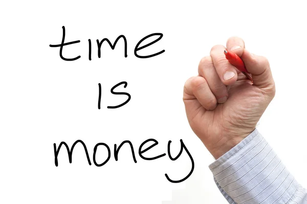 Male hand writing "Time is Money" over a White Background — Stock Photo, Image