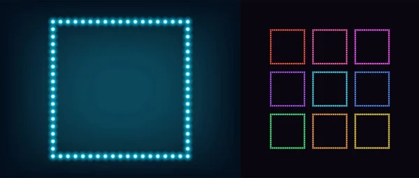 Neon Quadratischen Rahmen Mit Lampen Leuchtende Neonbox Rand Mit Glühbirnen — Stockvektor