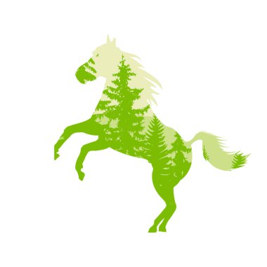 Siluet at dağ manzarası ile çalışan. Yeşil tonları.