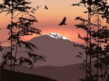 Dağları Panoraması. Dağları kar ve yaprak döken ağaçlar ile silüeti. Pembe ve mavi tonları. Maden suyu, eko logo, arka plan bilgisayar cihazların büyük başlık olarak kullanılabilir .