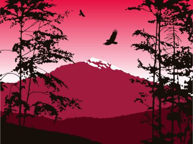 Dağları Panoraması. Dağları kar ve yaprak döken ağaçlar ile silüeti. Pembe ve mavi tonları. Maden suyu, eko logo, arka plan bilgisayar cihazların büyük başlık olarak kullanılabilir.