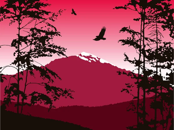 Dağları Panoraması. Dağları kar ve yaprak döken ağaçlar ile silüeti. Pembe ve mavi tonları. Maden suyu, eko logo, arka plan bilgisayar cihazların büyük başlık olarak kullanılabilir.