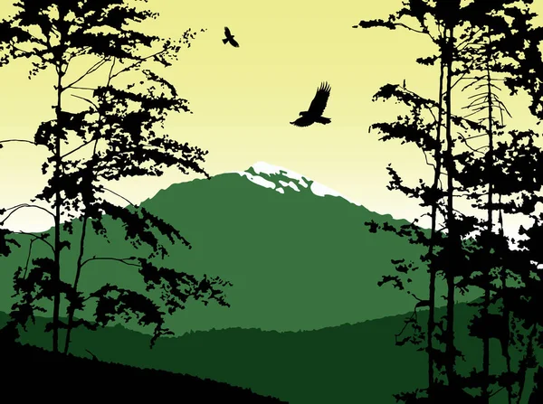 Dağları Panoraması. Dağları kar ve yaprak döken ağaçlar ile silüeti. Pembe ve mavi tonları. Maden suyu, eko logo, arka plan bilgisayar cihazların büyük başlık olarak kullanılabilir .