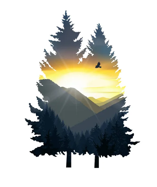 Silhouette Von Kiefern Mit Bergpanorama Farbenprächtigen Sonnenuntergang Wilden Tal — Stockfoto