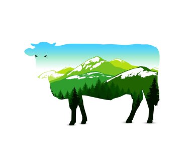 İnek silüeti Dağları Panoraması ile. Karlı zirveleri. Doğal tonları.