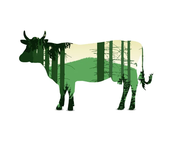 森林風景に牛のシルエット バナー 緑と黄色を基調 — ストック写真