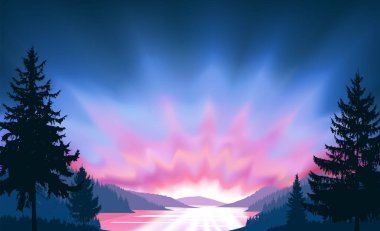 Vahşi arazi arka planı. Göl (nehir) ve çam ormanı. Gün batımı. Bahar. Mavi ve pembe tonlar.