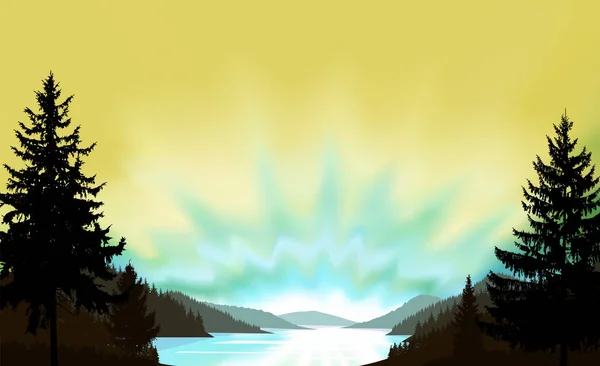 Hintergrund Wildes Terrain See Fluss Und Kiefernwald Sonnenuntergang Frühling Blau — Stockvektor