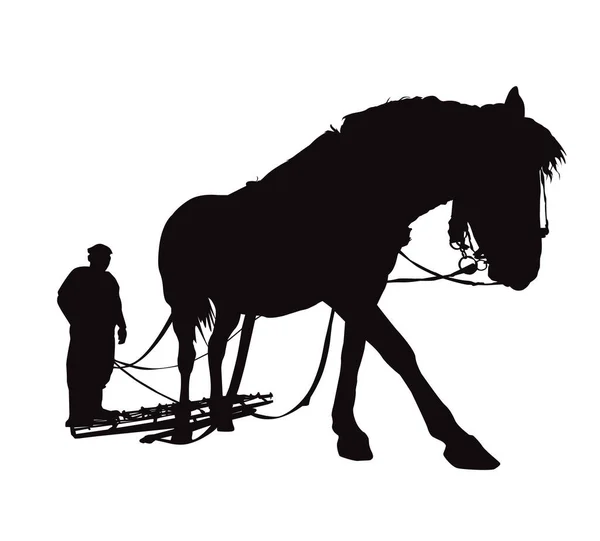 Silhouette Country Man Plowing Horse — Stock Vector