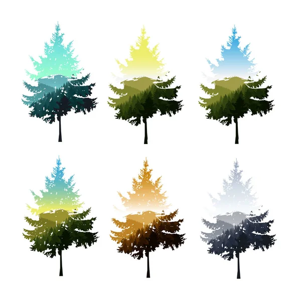 Silhouettes Coniferous Tree Double Exposure Nature Panorama Seasons — Stock Vector