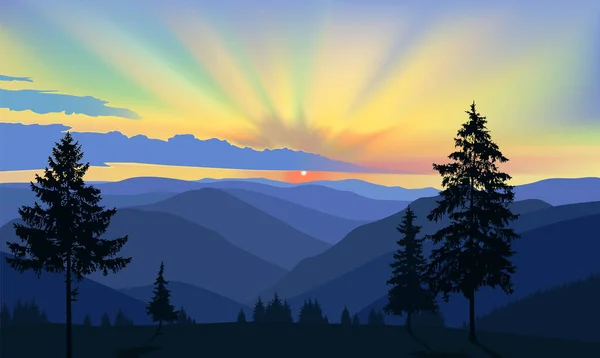 Fond Naturel Montagnes Panorama Coucher Soleil Coloré Dans Vallée Sauvage — Image vectorielle