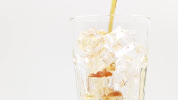 Pouring Cola Ice Cubes Close Cola Ice Glass Coke Soda — Stock Video