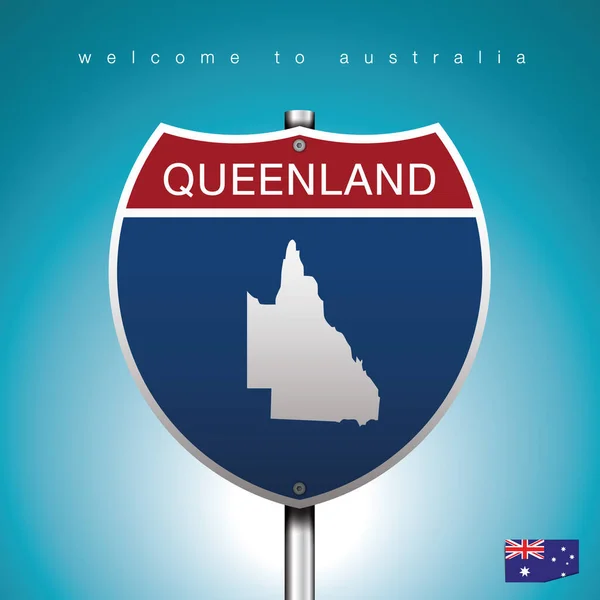 Sign Road America Stílus Állam Ausztrália Kék Háttér Üzenet Queenland — Stock Vector