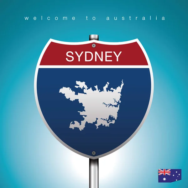 Sign Road America Stílus Állam Ausztrália Kék Háttér Üzenet Sydney — Stock Vector