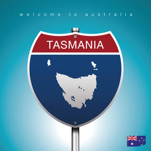 Sign Road America Stílus Állam Ausztrália Kék Háttér Üzenet Tasmania — Stock Vector
