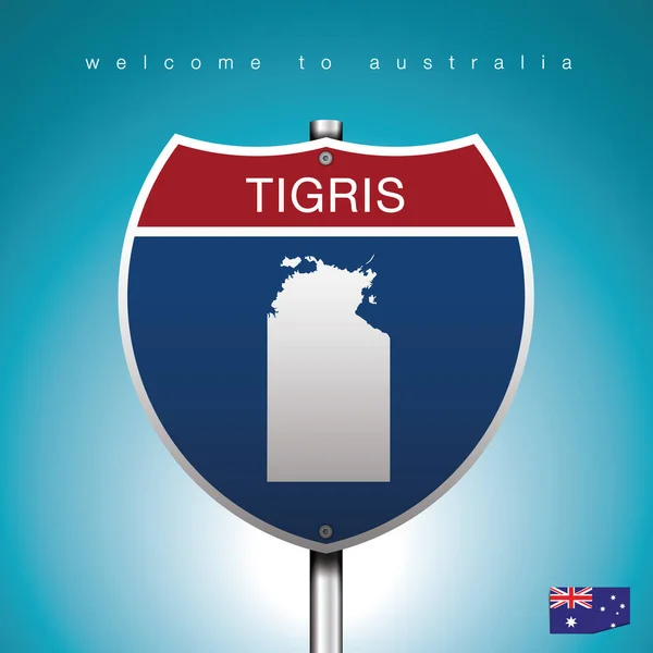 Sign Road America Stílus Állam Ausztrália Kék Háttér Üzenet Tigris — Stock Vector