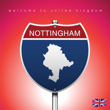 Pembe arka planı ve mesajı, NOTTINGHAM ve haritası, vektör resim illüstrasyonuyla Birleşik Krallık devletine sahip bir İşaret Yolu Amerika Stili