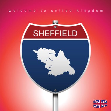 Pembe arka planı ve mesajı, SHEFFIELD ve haritası, vektör resim illüstrasyonuna sahip bir işaret yolu Amerika Stili.