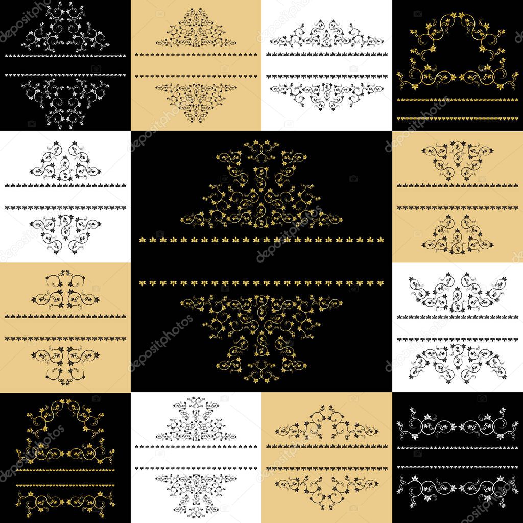 Set of black gold framed labels. Monograms for design