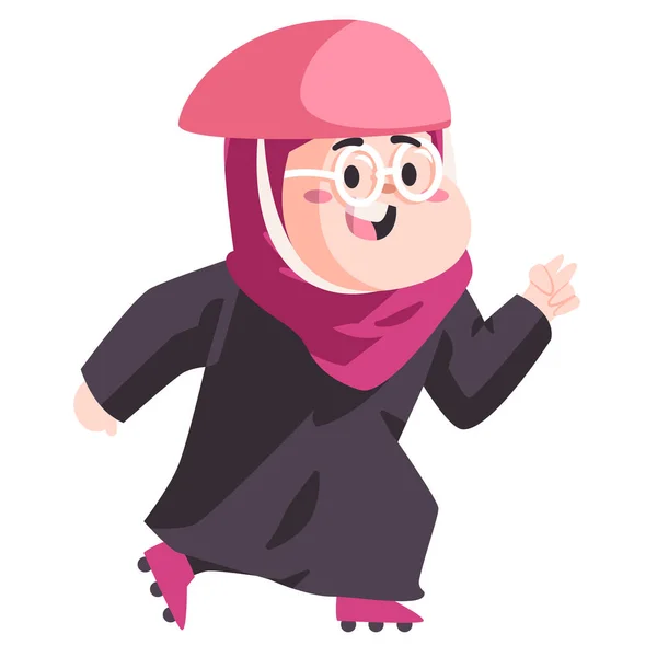Gadis muslim wanita anak-anak dengan helm dan hijab merah muda berjalan dengan skate inline untuk menjadi kartun modern yang sehat warna rata latar belakang vektor terisolasi - Stok Vektor