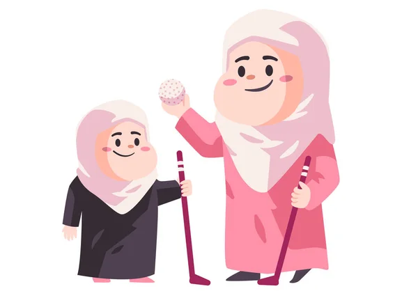 Matka s růžovou hidžáb držení míč a golfová hůl dává krátký kurz její dceři bavte kreslené ploché barvy izolované vektorové ilustrace — Stockový vektor