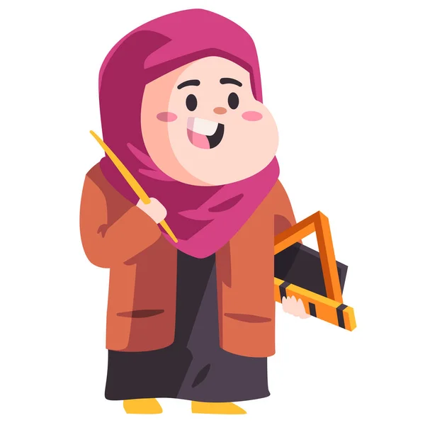 Guru wanita moslem dengan jilbab merah muda memegang peralatan sekolah warna kartun modern gambar vektor latar belakang terisolasi - Stok Vektor