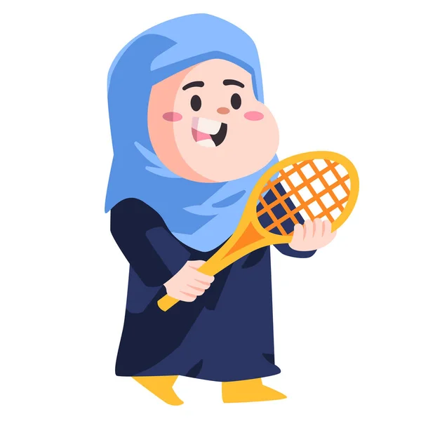 Muslim wanita dengan hijabscarf biru bermain bulu tangkis olahraga modern warna kartun terisolasi latar belakang vektor ilustrasi - Stok Vektor